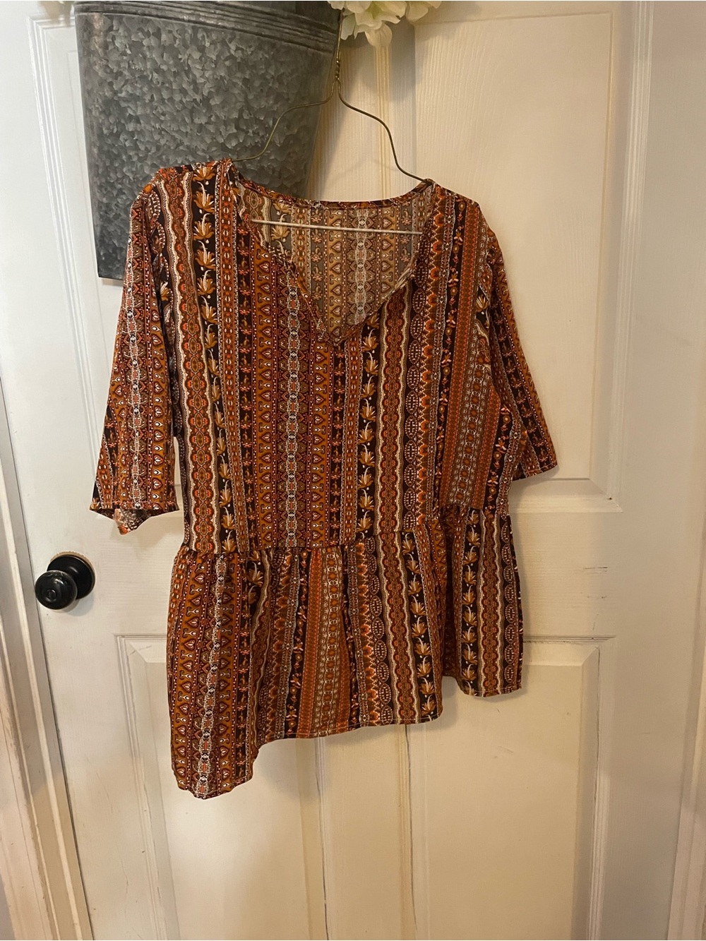 Source Unknown Rust and Black Striped Boho Peplum Top